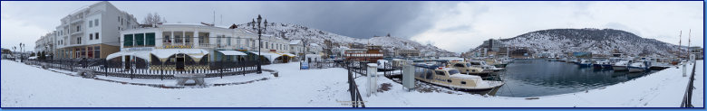 Панорама 360 гр. Зимняя Балаклава, набережная Назукина в снегу